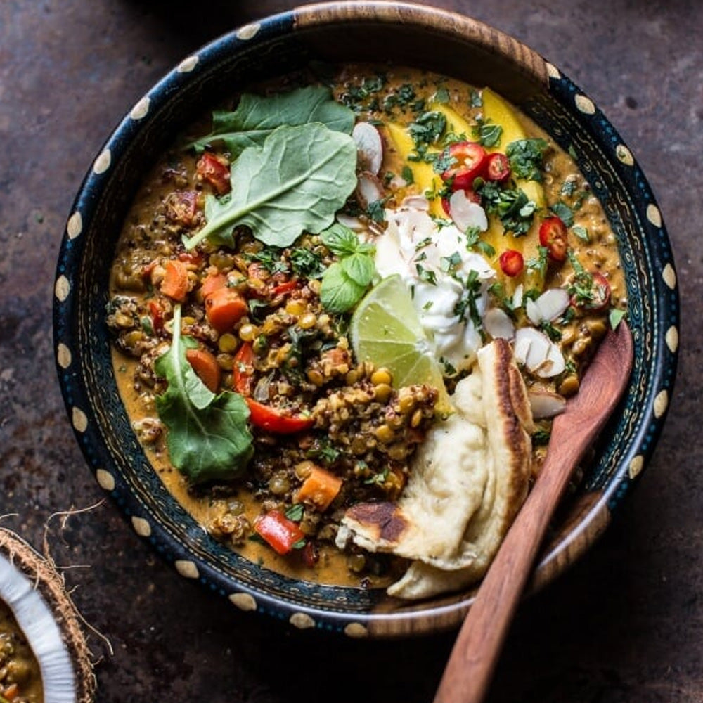 Simple Coconut Quinoa and Lentil Curry with Lime Mango